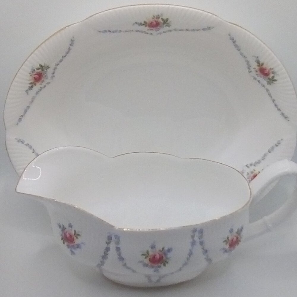 Royal Albert Minuet Vegetable Bowl and Gravy Boat - Dainty Pink & Blue Flowers